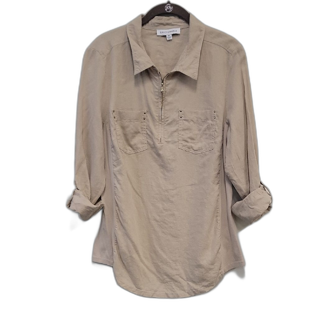 Emily Daniels Half Zip Utility Linen Blend Blouse Tan Size M Laggenlook
